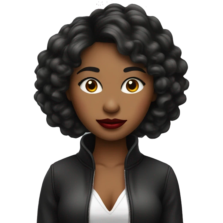 una chica de cabello negro corto lacio con labial rojo, ojos marrones y tiene una laptop emoji