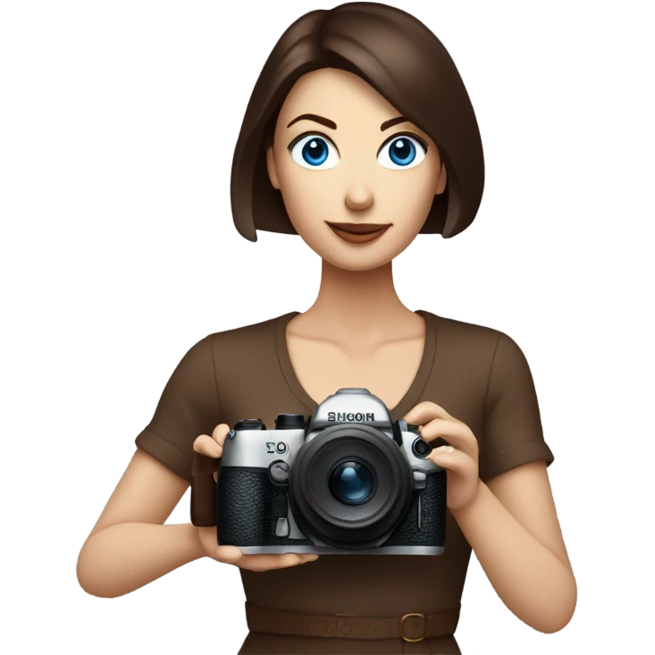 Portrait of stylish woman with blue eyes and chocholate bob hair holding a nikon camera emoji