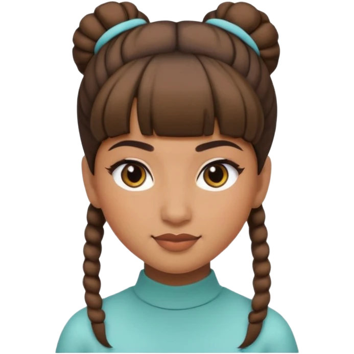 In Apple Memoji format, a girl with bangs and her hair in a bun. The girl has light brown skin and arab ethnic features emoji