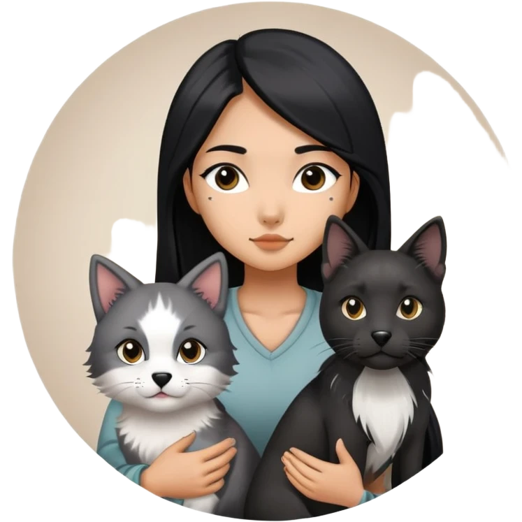 a Chinese girl with long black  straight hair and tattoos and A grey border collie dog and a black round faced cat emoji