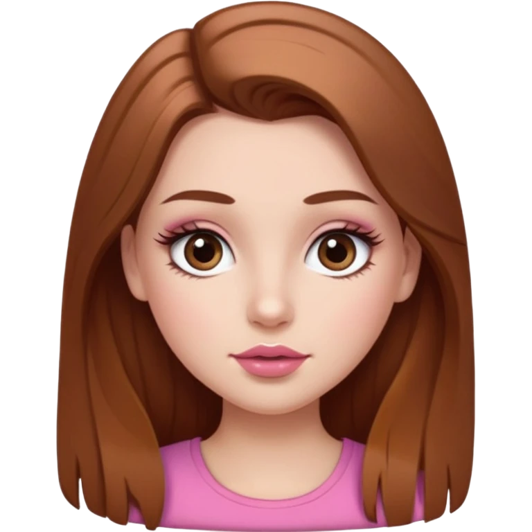 white girl with long brown hair with caramel highlights wearing a white top. Blush on the cheeks and big eyelashes and a brown-pink lip combo  emoji