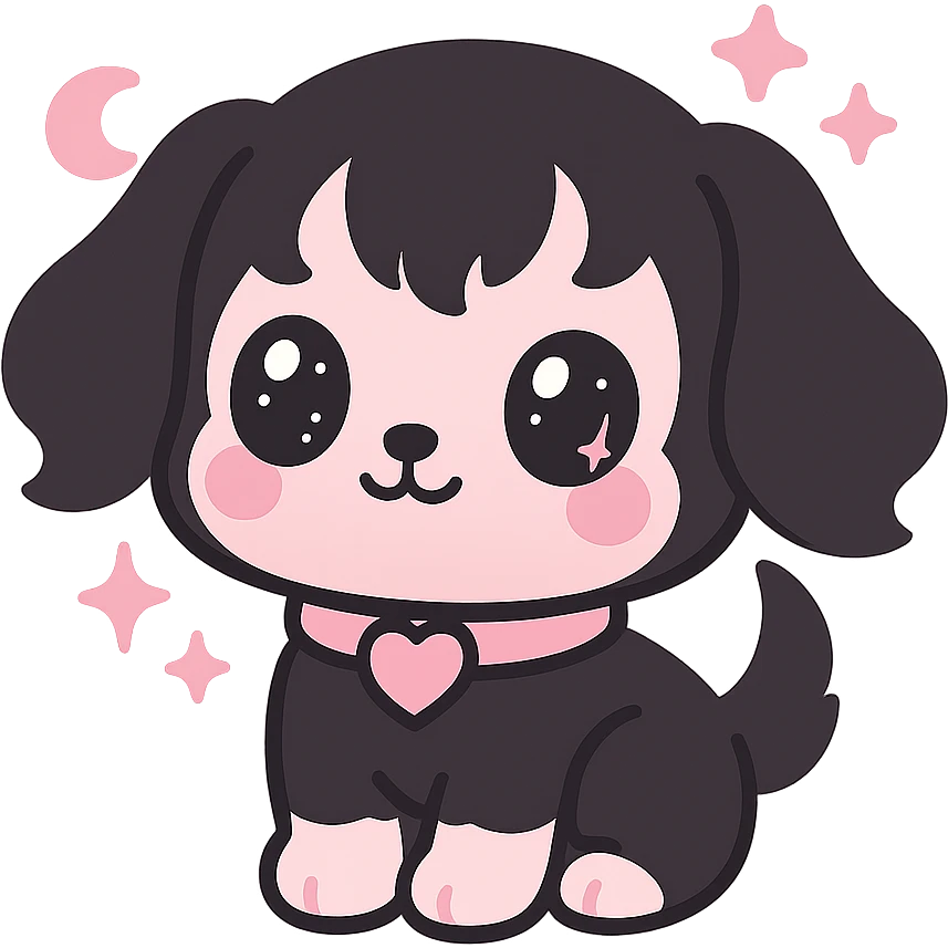 kawaii style magical gothic puppy inspired by BLACKPINK, cute face, black and pink fur, sparkling eyes, heart collar, sweet and bold emoji