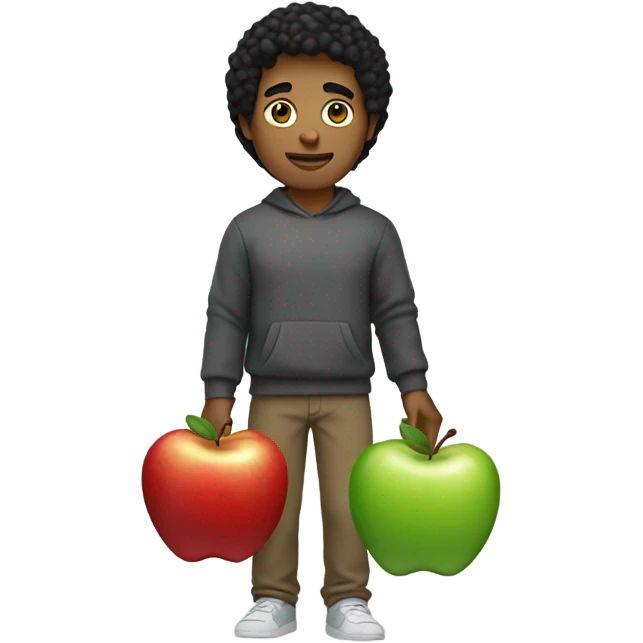 Man with tan skin black hair wearing sweatshirt holding Apple bag emoji