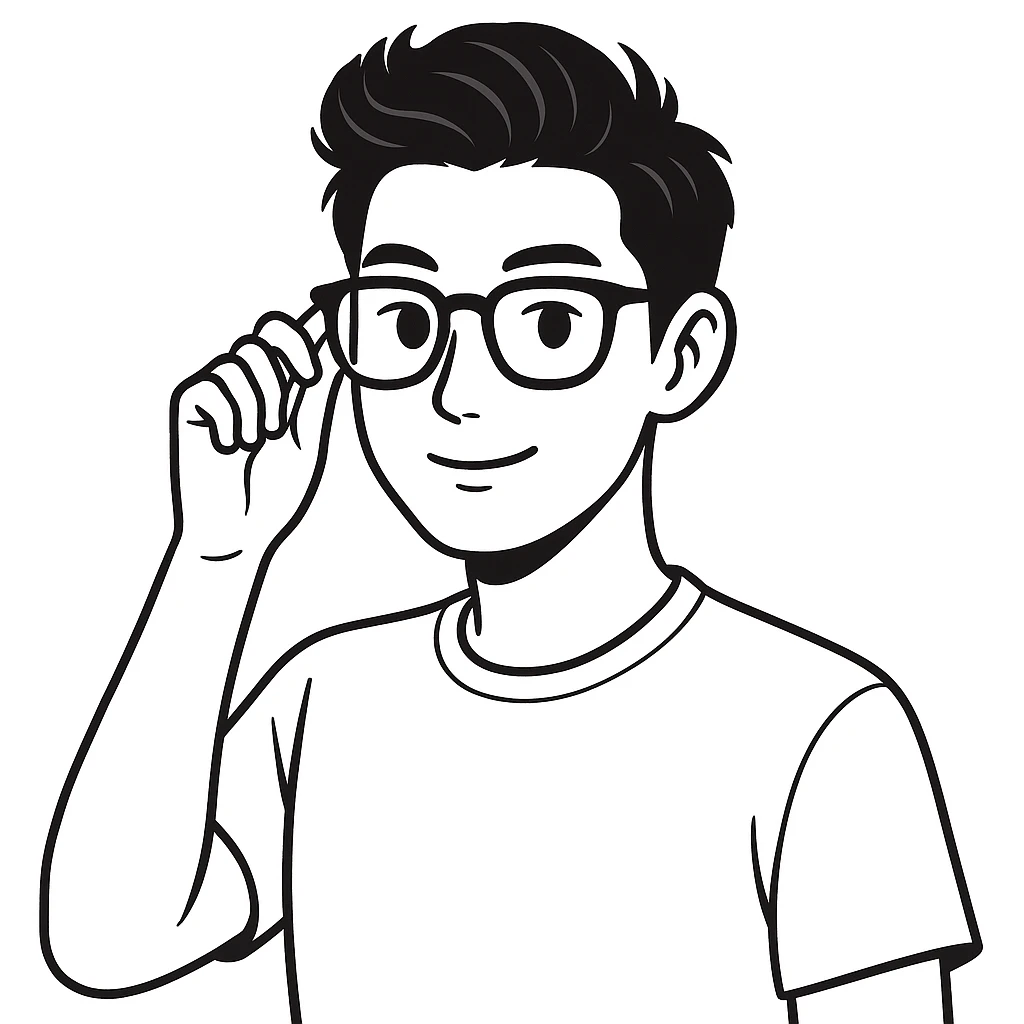 Change to a different, stylish hairstyle for a young and handsome Asian man with black coffee colored hair, wearing a white T-shirt, black framed glasses, holding glasses, very smart. Keep the hand drawn doodle style look but use the general editor as doodle style does not support editing. emoji