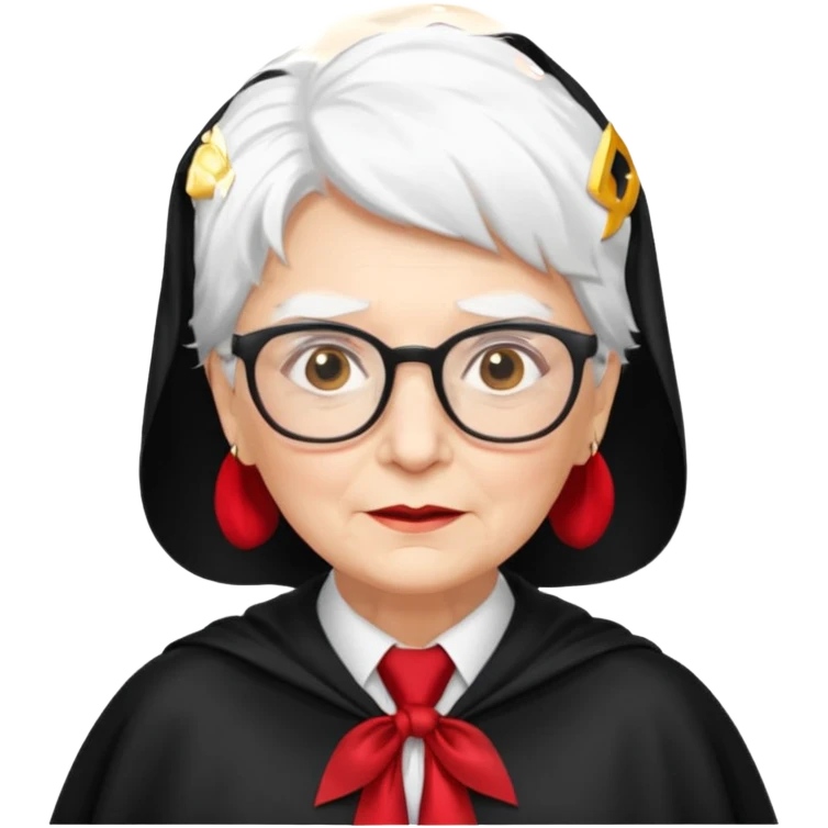 An older woman with glasses and white hair, in a red tie and black cape emoji