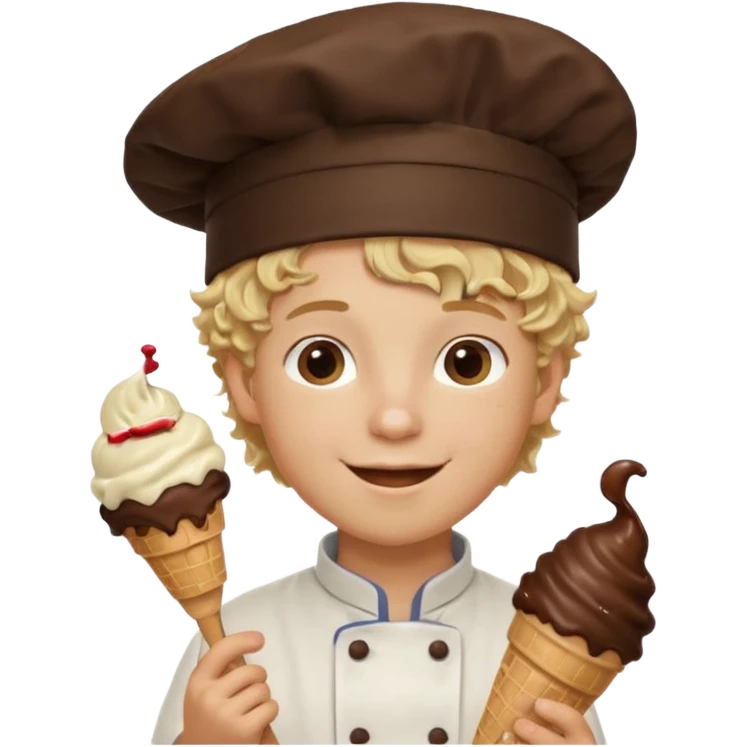 boy blonde curly hair, chef, eating chocolate ice cream emoji