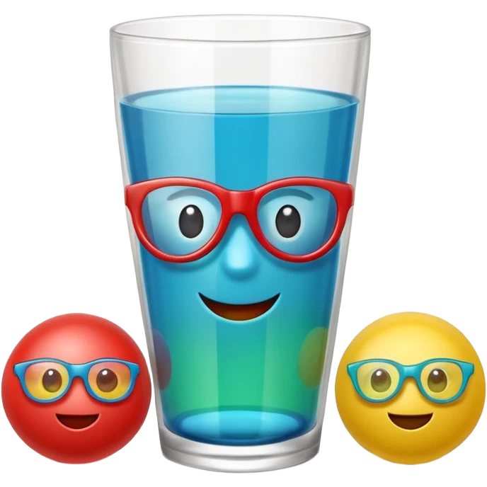 Cute 3D cartoon emoji sticker of a plastic glass-and-ball game with three glossy plastic glasses (blue, green, red) and a yellow ball. Soft lighting, smooth shadows, playful look, white sticker outline, transparent background, high resolution.” emoji