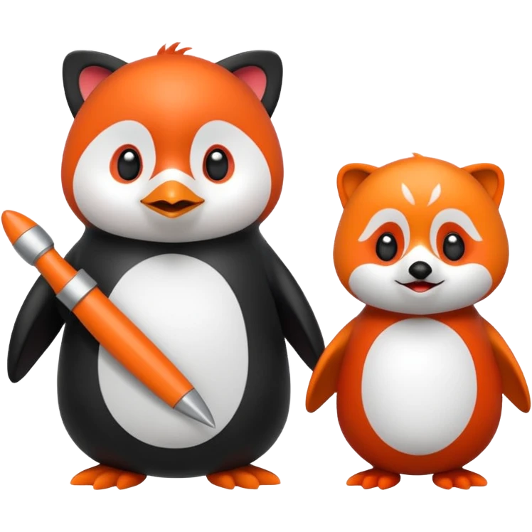A cartoon  cute cartoon penguin. Next to it is a cartoon red panda holding its flipper  emoji