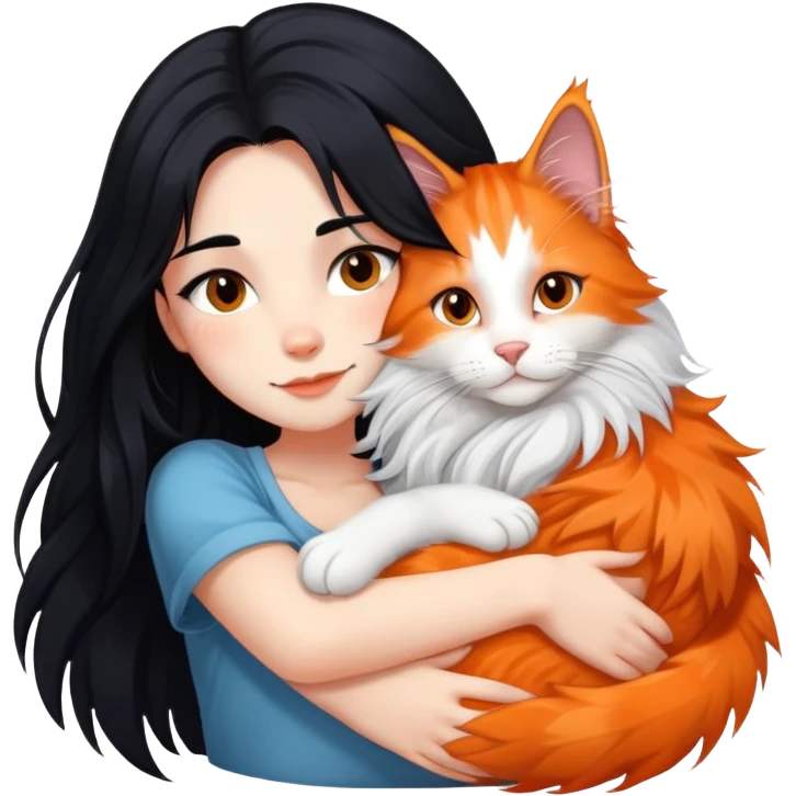 A girl with long black  hair tightly hugged a Maine coon emoji