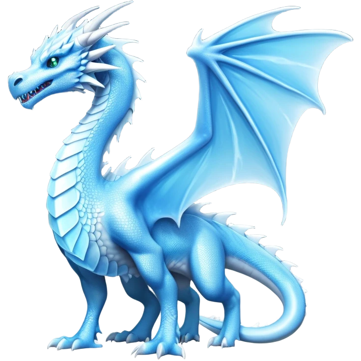Cinematic Noble elegant Ice Dragon full body Emoji, Poised and imposing, distinct long elegant snout, with a slender, scaled body shimmering in glacial hues of icy blue, frostbitten silver, and crystalline white, breathing out frost, with piercing, glowing eyes that radiate the chilling depths of an arctic storm; rendered in detail. displaying its wings emoji