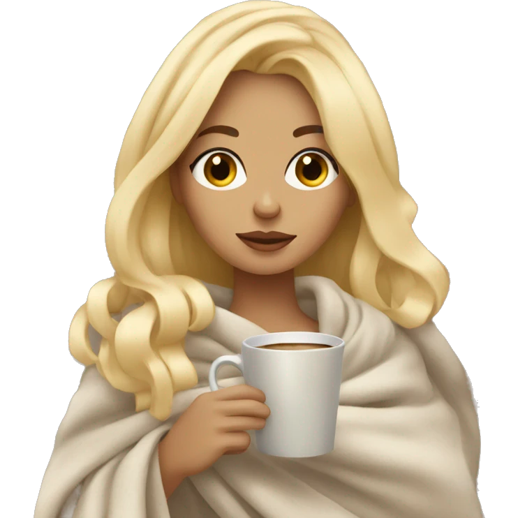 Girl wrapped in blanket drinking coffee blonde hair emoji