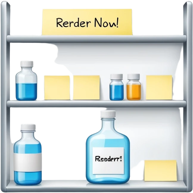 empty big shelf with single serum bottle, prominent sticky note with 'reorder now!' text emoji