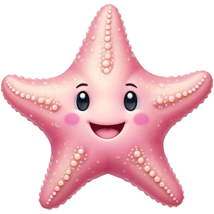 Cinematic cute round starfish, pastel pink, soft bumpy texture, tiny happy face, slightly tilted, glowing warmly, sparkling with gentle ocean magic. emoji