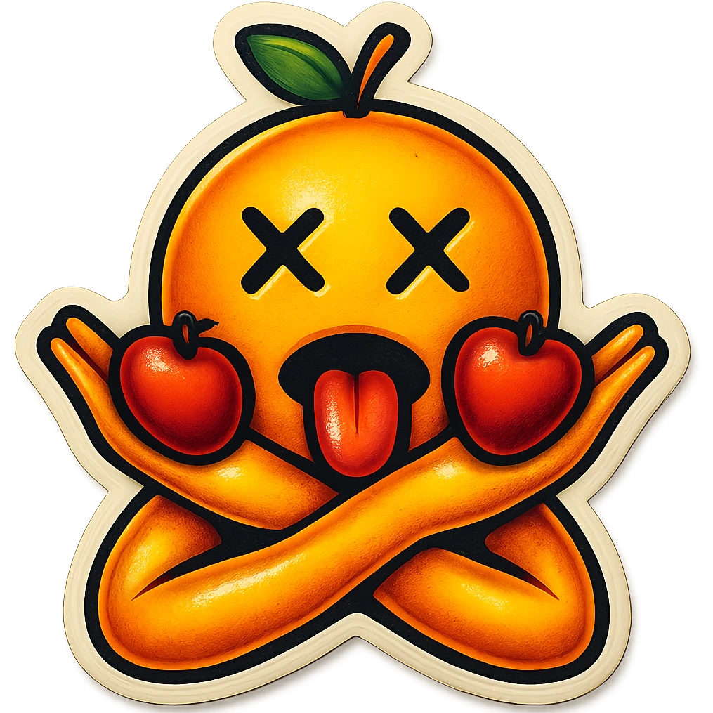 Make the emoji smile while choking itself, keep the same retro stickers style, no background. emoji