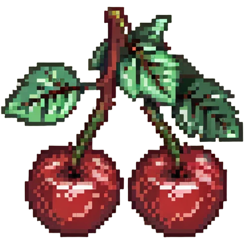 Pixel art of two red cherries on a brown branch with green leaves emoji