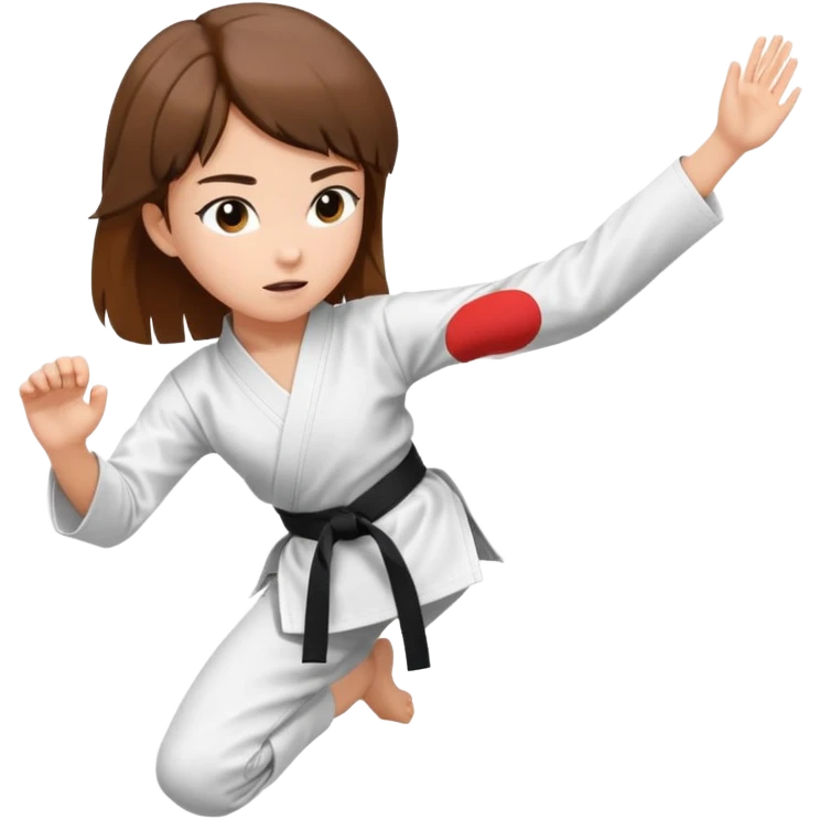 Ragazza castana che pratica karate, ha la cintura nera ed io tradizionale kimono bianco del karate, tira un calcio laterale oppure un pugno oppure è in posizione di guardia emoji