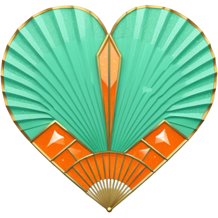 orange glittery heart, chopped  in pieces like shattered glass edges  with a couple mint green art deco fans  emoji