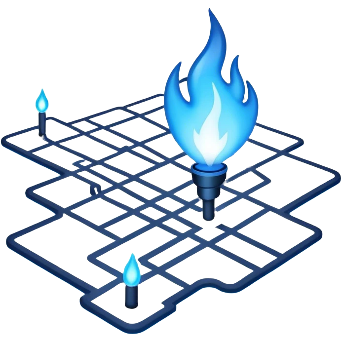 a map with a glowing blue flame on the x and networking paths emoji