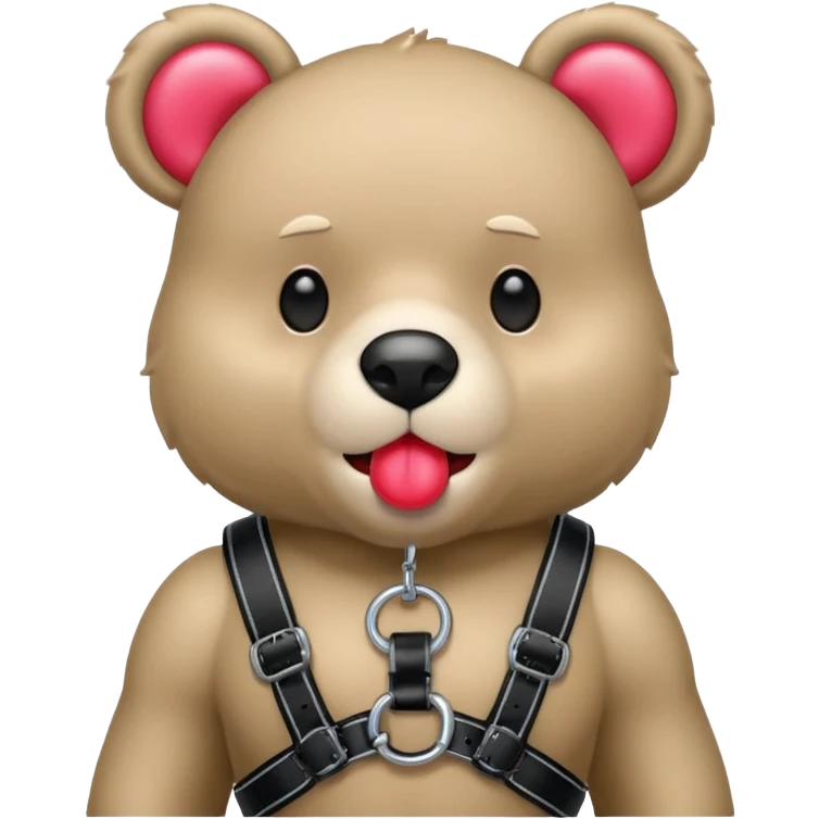 Gloomybear wearing black harness, red bubblegum in mouth emoji