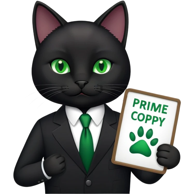 A black cat in a black business suit holds a sign with the inscription "PrimeCopy" in one paw emoji