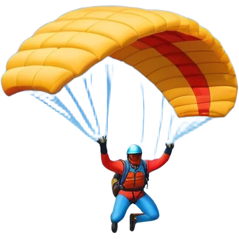 A base jumper soaring through the air, parachute deployed, flying off a steep mountain peak. The background is filled with majestic mountains, clear blue sky, and distant clouds, capturing the exhilarating thrill and beauty of extreme sports. emoji