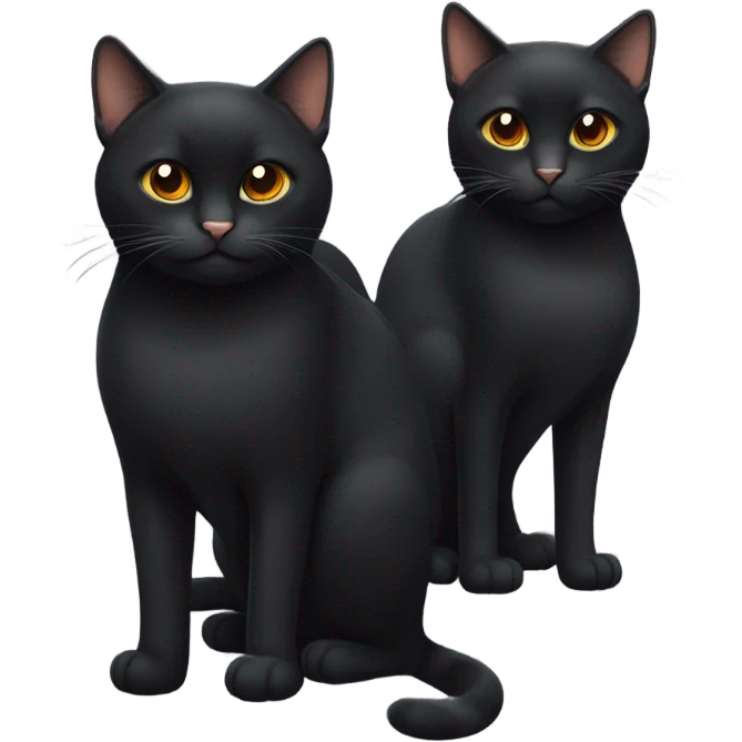 three black cats; one with chubby cheeks, one with a slimmer female cat, another male cat with a slim face; all black fur, and orange eyes emoji