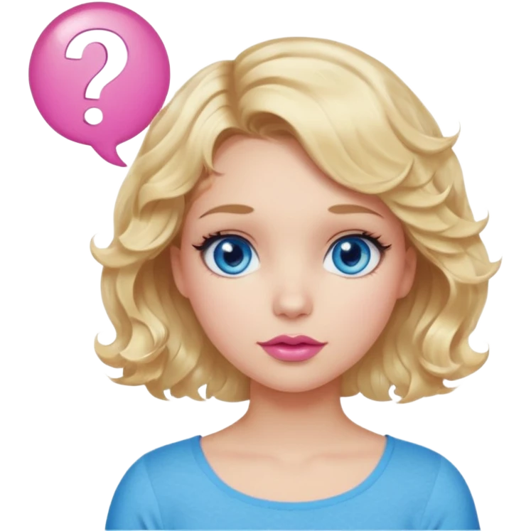 Girl Blonde short wavy hair,  blue eyes, cute blue top, long lashes, pink lips, question mark bubble emoji