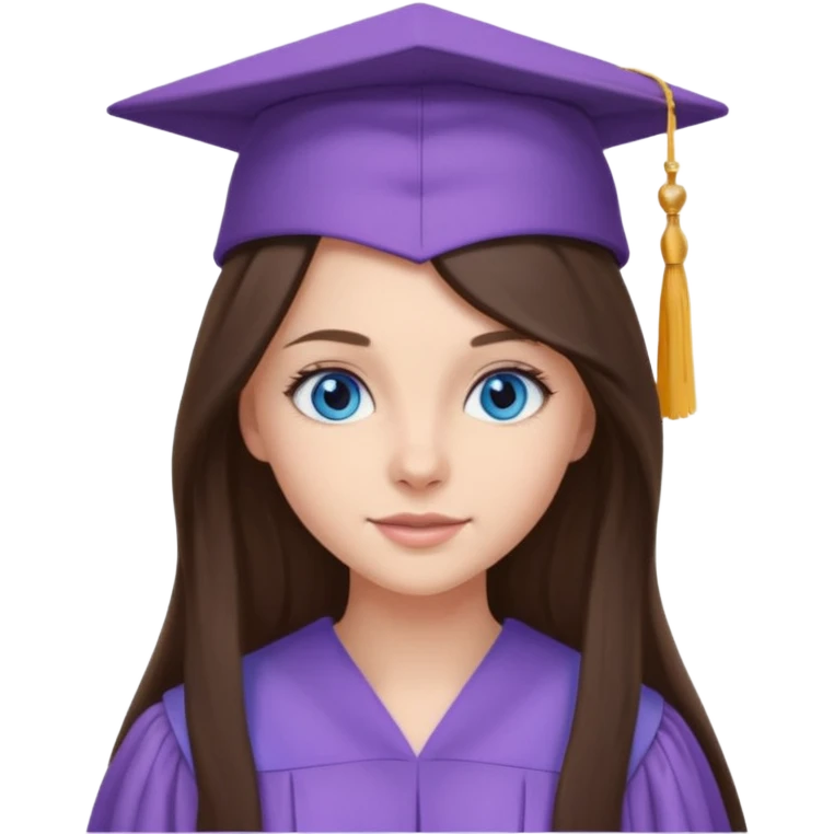 young brunette girl long hair, blue eyes and lilac gown and cap university graduate emoji