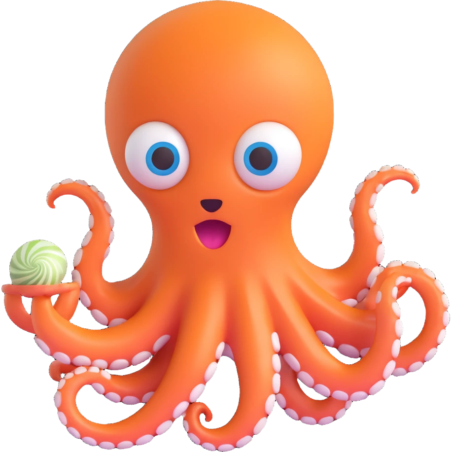 excited octopus holding a shell, 3D emoji style emoji