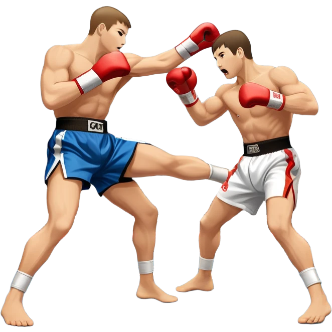An icon symbolizing kickboxing, featuring two fighters in the midst of an intense match. One throws a powerful roundhouse kick, while the other counters with a punch. The background shows a ring, with ropes and a cheering crowd. Transparent background highlights the action and strength emoji