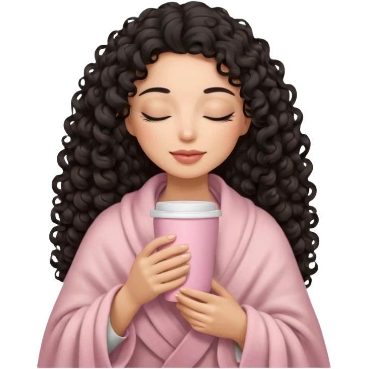 hispanic woman, black long 3b curls, closed eyes, feminine face, holding soft pink coffee cup with beige blanket over shoulders emoji