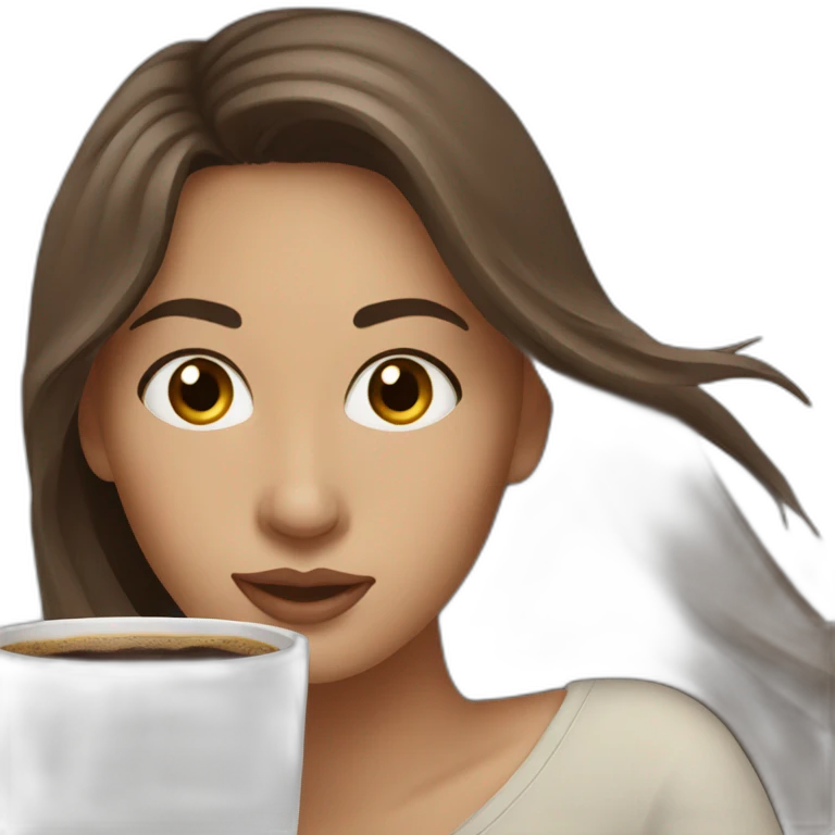 Woman long brown hair dark eyes drinks coffee emoji