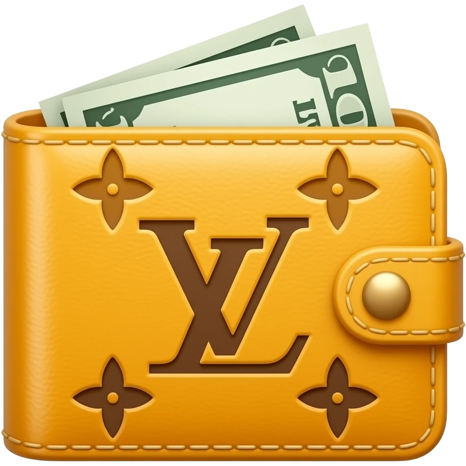 A yellow Louis Vuitton wallet with a few bills peeking out emoji