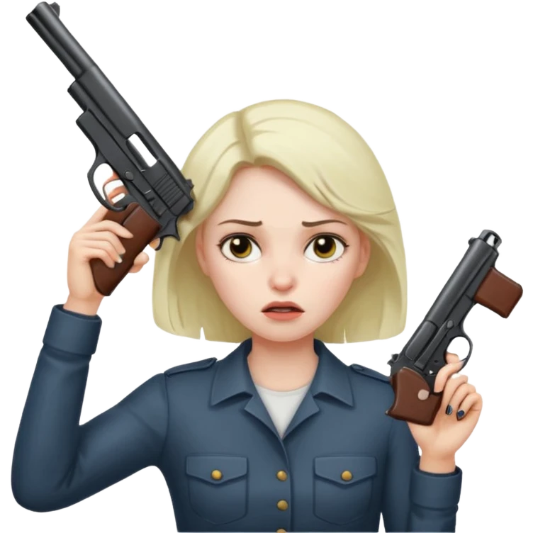 a gun holding a gun to her head and she looks tired  emoji