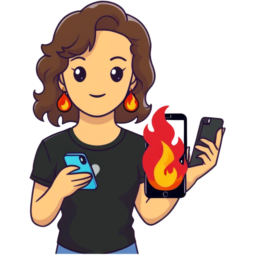 brunette girl with wavy medium length hair, brown eyes, light/medium skin tone, holding iPhone and light phone, wearing black tee shirt with flames on it and colorful beaded charm necklace emoji