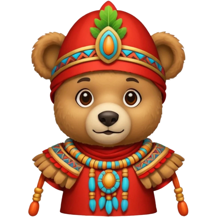 teddy bear Upper, wearing red mayan ancient custome, with carrot half body emoji