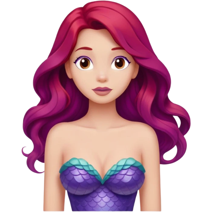 Ariel mermaid from waist up, purple seashell top, long red hair, minimal style but clearly recognizable emoji