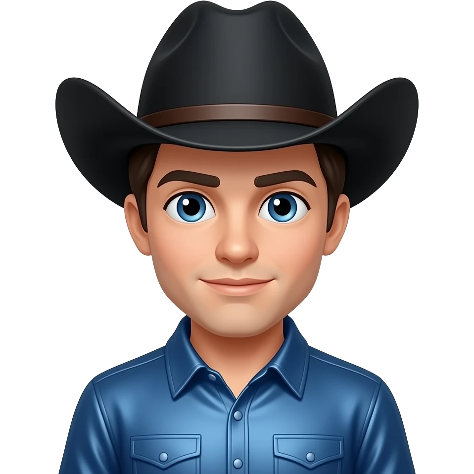 Jack Twist from Fictional Characters with blue eyes, dark brunette hair, black cowboy hat, indigo metallic cowboy shirt emoji