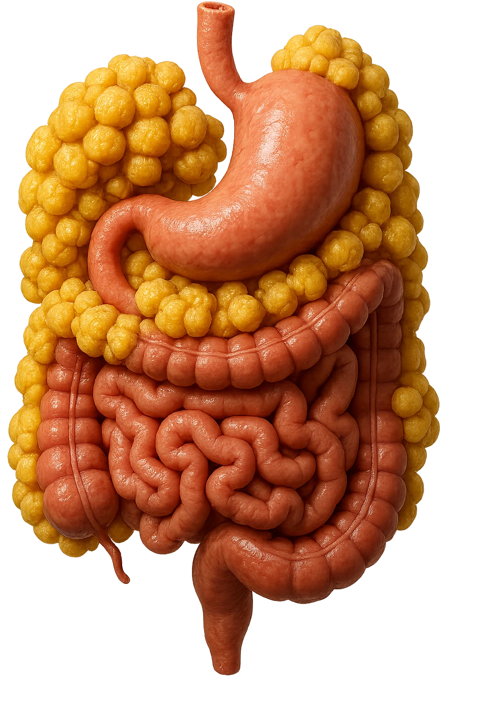 STOMACO E INTESTINO SONO VERTICALMENTE COLLEGATI E INTORNO A QUESTI ORGANI CI SONO CELLULE DI GRASSO GIALLE ATTACCATE SOPRA A GRAPPOLI, IPERREALISTICO 4K emoji