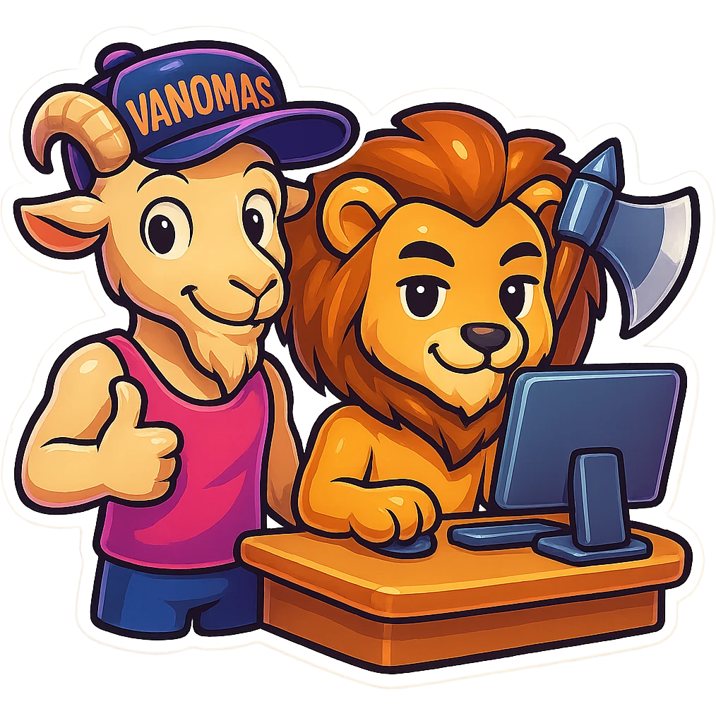 Add a humanoid goat character next to the existing subject, wearing a pink tank top and a cap with the inscription 'VANOMAS', in the style of a Telegram sticker, maintaining transparent background. emoji