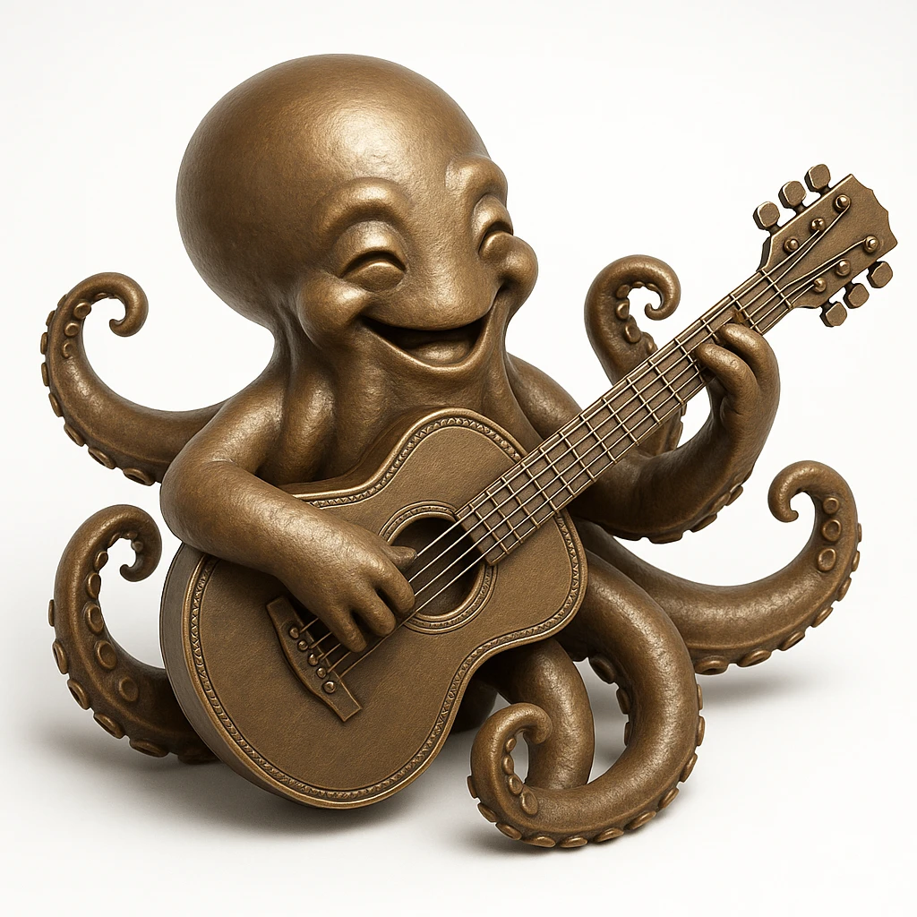 happy octopus with multiple arms playing guitar emoji