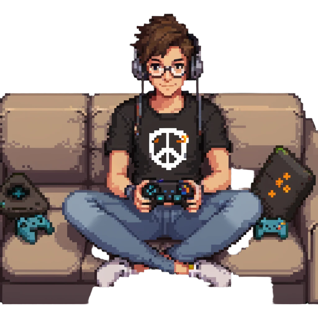 an Overwatch fan sitting on a couch with a controller, looking relaxed emoji