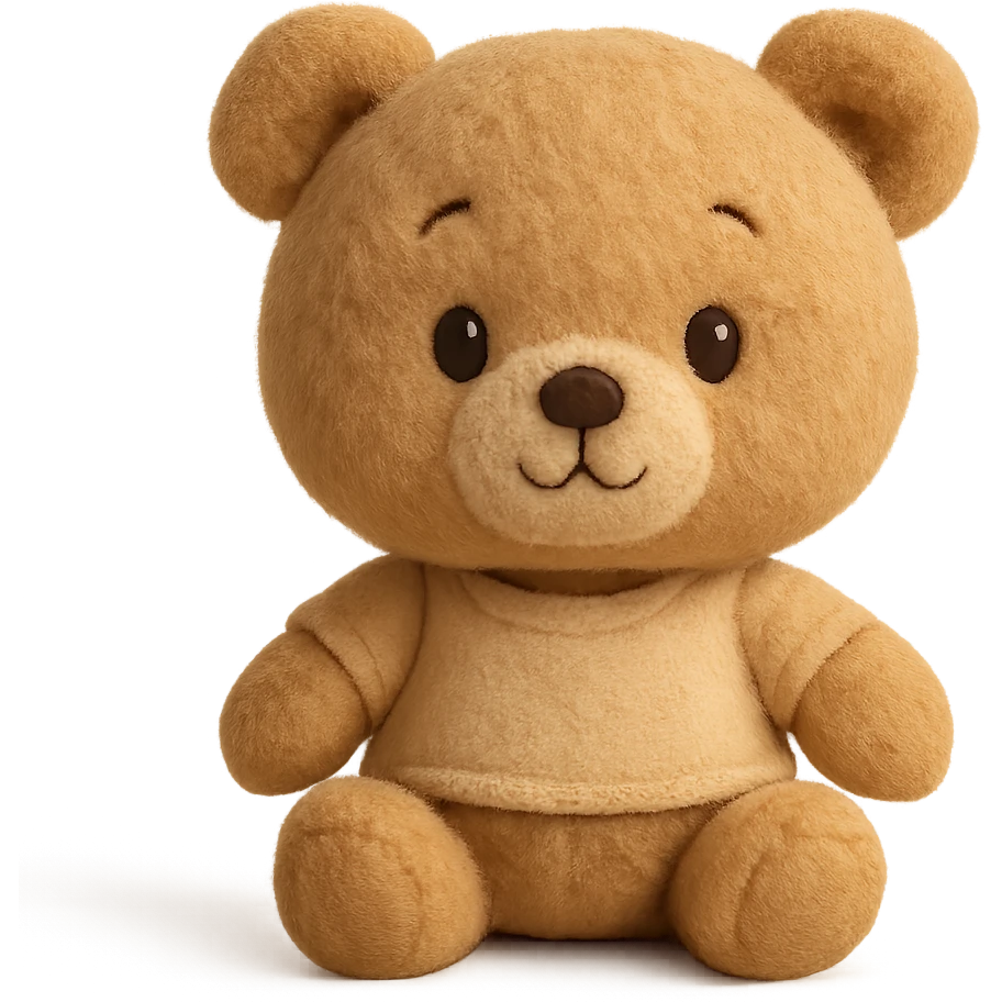 A cute teddy bear plush toy with embroidered eyes and nose, soft fuzzy texture, gentle stitching along the seams, and a warm, friendly expression emoji