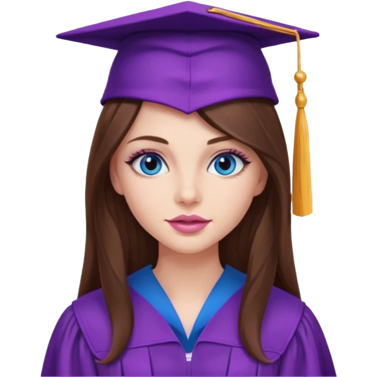girl with beautiful extremely long brown hair, blue eyes, long lashes makeup, sexy pink lips, wearing a purple graduation cap and gown emoji