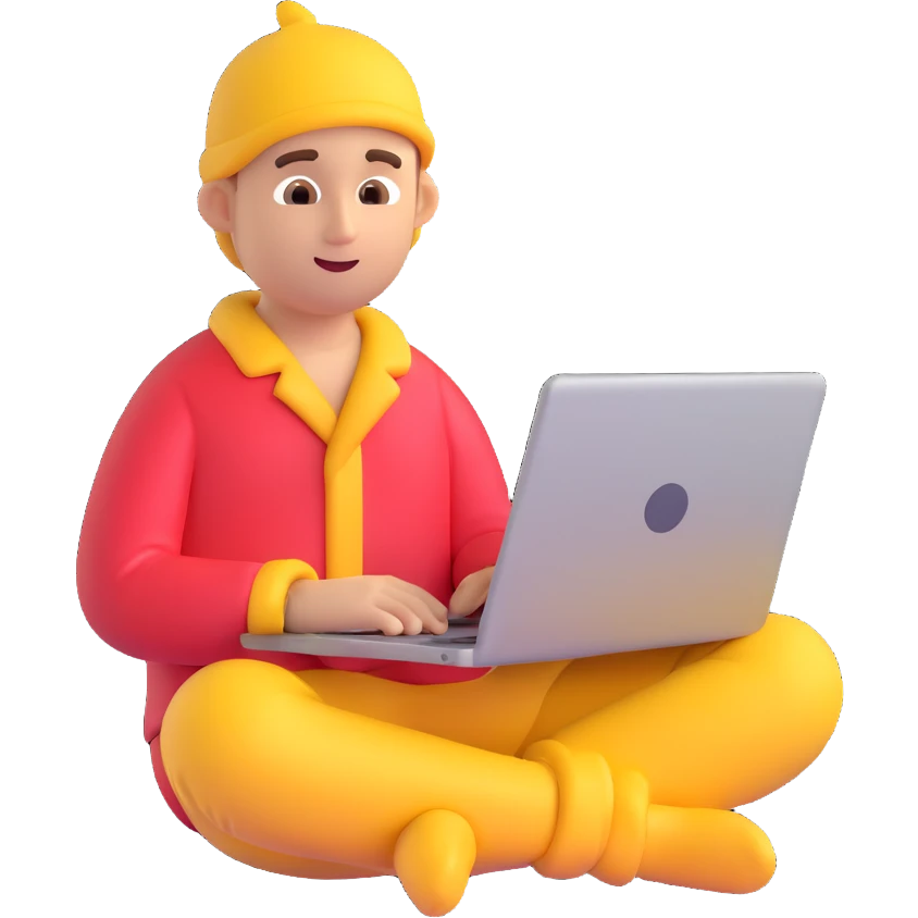 man with pajamas sitting and working on a laptop, emoji style emoji