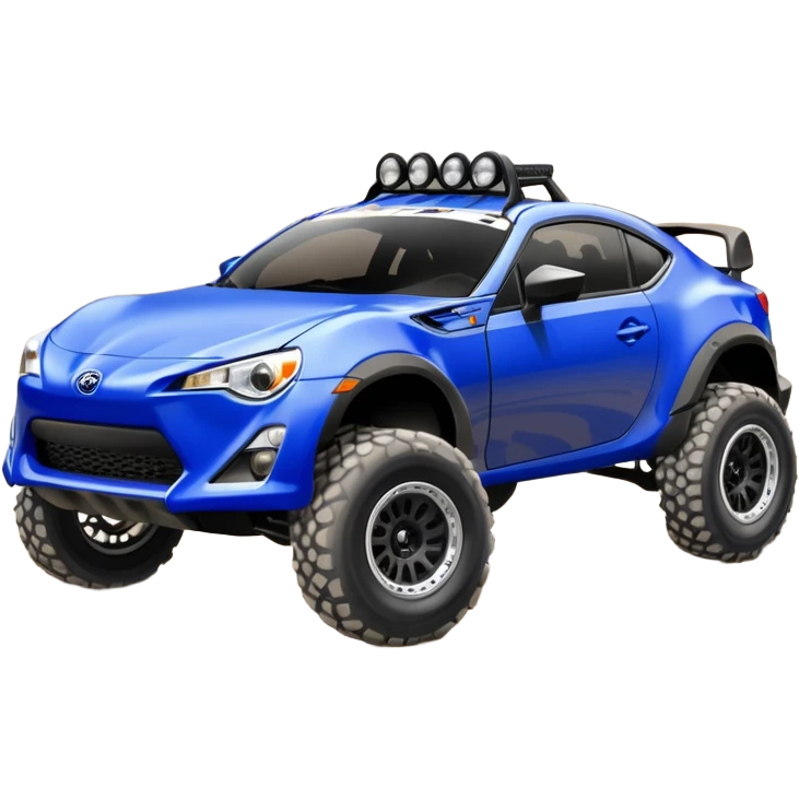 Leg Armored Dirty raced redneck jacked 2013 scion fr-s ultramarine off road 4wd monster Baja dessert stadium rock racer number 86 with long travel suspension, shiny silver wheels, exaggerated wide black fender flares  emoji