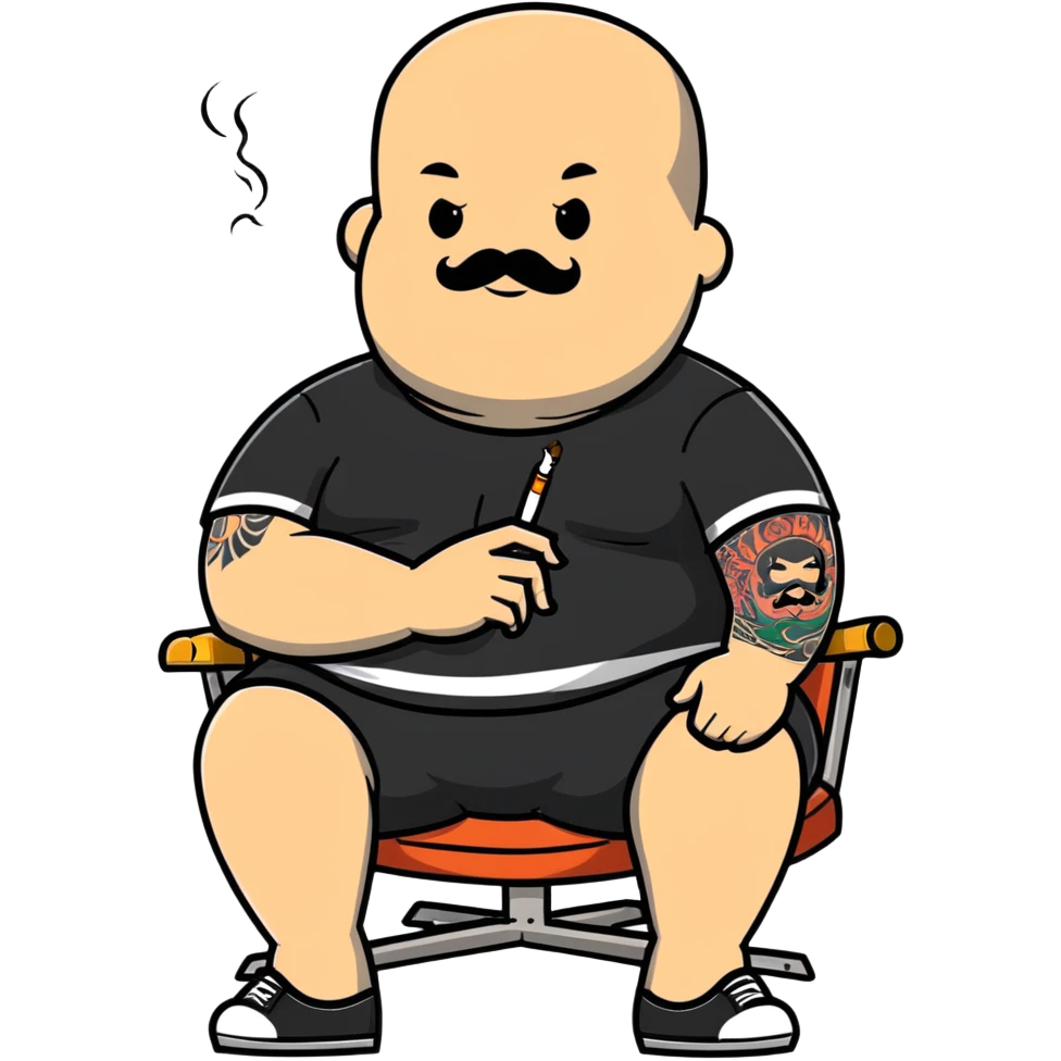 Overweight man sitting back in chair with legs spread, holding cigarette, exposed belly, round face, very short buzzcut hair, short beard with mustache, black t-shirt with light stripes on top, black shorts, tattooed arms emoji