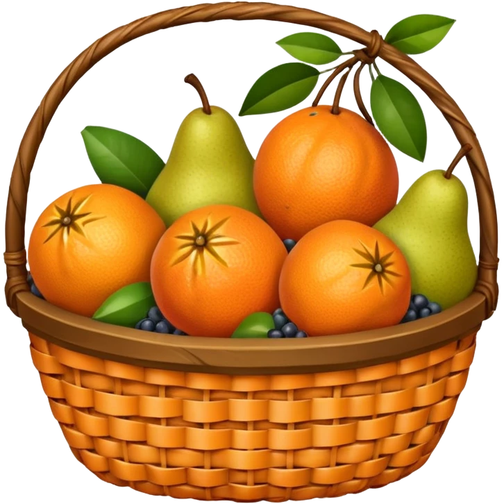 A rustic fruit basket with oranges, pears, and berries.







































 emoji