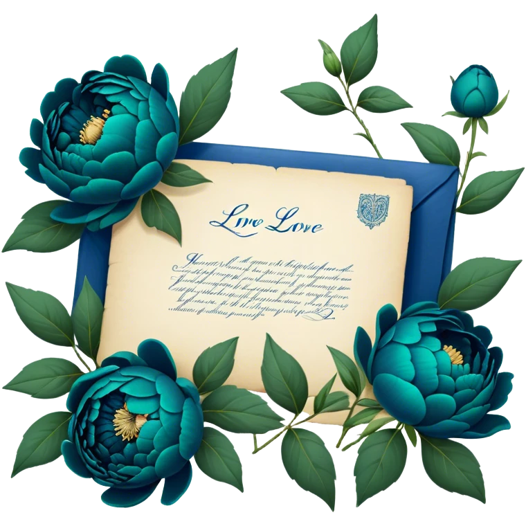 A charming arrangement of deep green peonies placed beside an old blue love letter with an intricate navy blue wax seal. emoji
