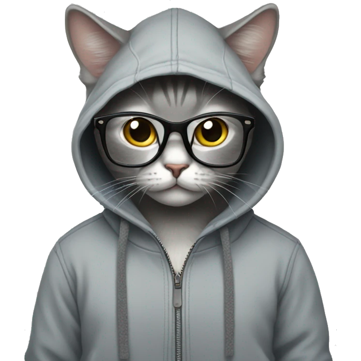 Cat with glasses wearing grey zip-hoodey  emoji